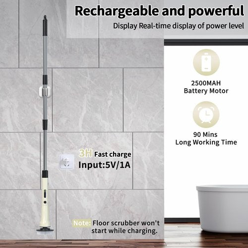 Electric Spin Scrubber, Hillyfe Bath Scrubber for Cleaning with 7 Replaceable Brush Heads, IPX7 Waterproof,300/400 RPM, 3 Adjustable Size,Cordless Shower Cleaner Brush for Bathroom Floor,Beige