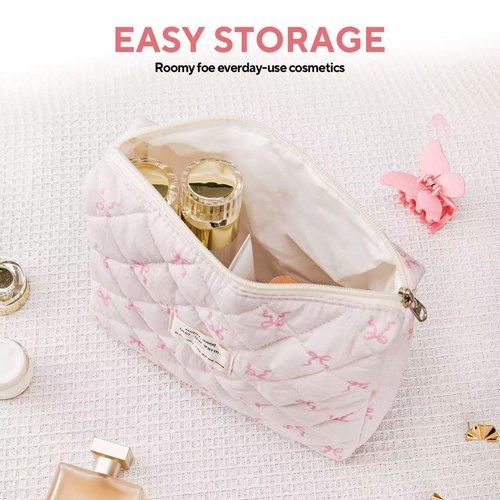 MZLUWM Large Travel Quilted Makeup Bag，Cute Bow Cotton cosmetic bag, Fashionable aesthetic makeup bag,Coquette Aesthetic Floral Travel Toiletry Bag for Women