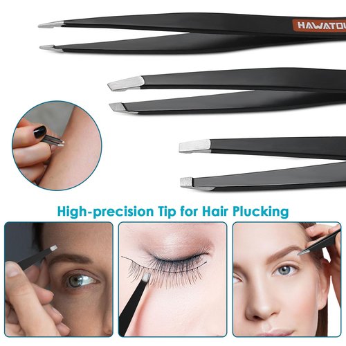 HAWATOUR Tweezers Set 3Pcs, Precision Stainless Steel Eyebrow Tweezers for Eyebrow Hair Facial Hair Removal, Splinter, Blackhead, Black