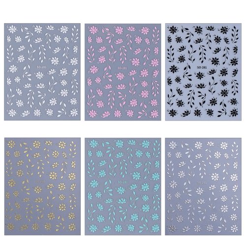6 Sheets Floral Nail Art Stickers, Spring Leaf Nail Decals, 3D Self-Adhesive Nail Decoration Supplies for Daily Festival DIY Pink White Silver Black Gold Manicure Stickers