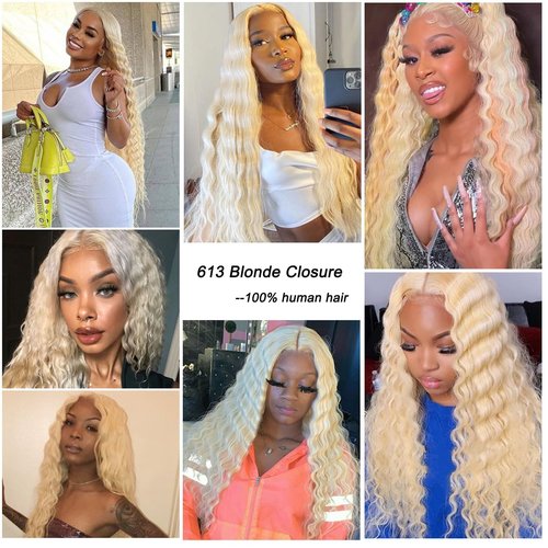 Blonde 613 Closure Deep Wave Free Part Blonde Closure Human Hair Indian Remy Hair 9a Grade Transparent Lace 4x4 With Baby Hair Bleach Knot Pre Plucked High Density 18 Inch