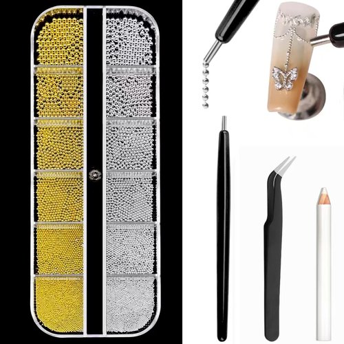 Mixed Sizes Nail Beads with Magnetic Pen and Tweezers, Nail Art Studs Gold Silver Mini Metal Caviar Nails Beads Ball Nail Rivets Jewelry, Round Caviar Beads Accessories for Manicure Decor Nail Charm