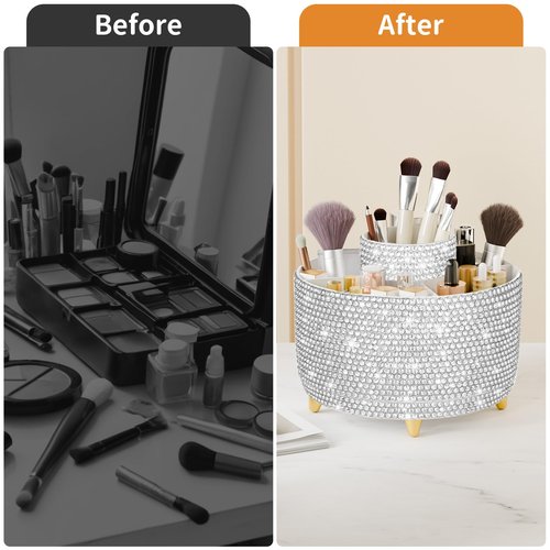 fanado Bling 360° Rotate Makeup Brush Holder Organizer, Makeup Organizers Countertop, Makeup organization and Skincare Storage for Vanity, Gift for Women Girls (Bling dz-White)