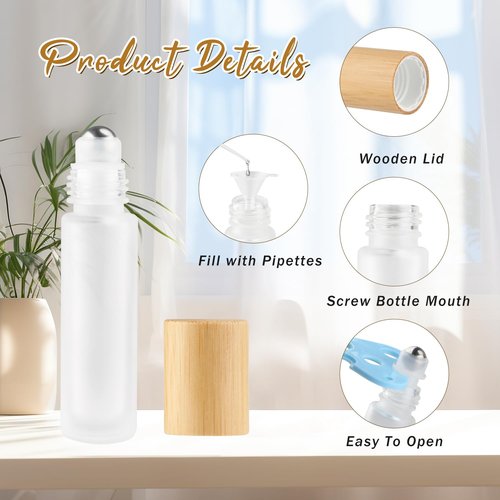 DynnnDy 20 Pcs 10ml White Frosted Glass Essential Oil Roller Bottles with Bamboo Lid Refillable Deodorant Containers with Stainless Steel Roller Balls Roll-on Bottles for Perfume Lip Gloss