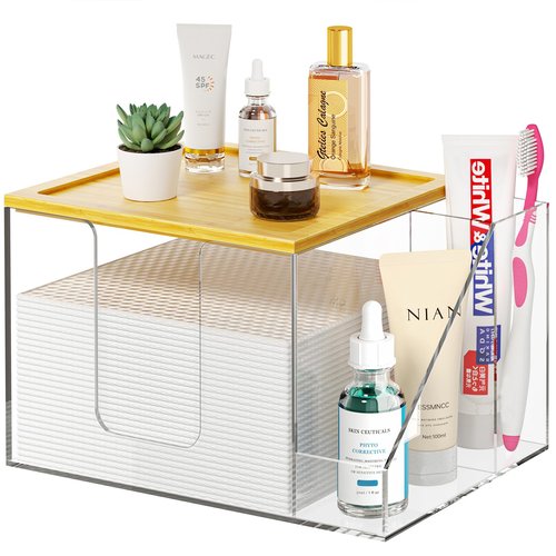 VITVITI Disposable Face Towel Holder Box, Acrylic Clean Skin Club Facial Towel Container with Toothbrush Holders, Large Disposable Face Towels Storage for Bathroom Vanity Makeup, Clear