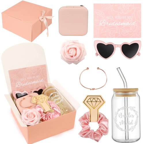 HOMENERGY 9 Pcs Bridesmaid Proposal Gifts - Will You Be My Bridesmaid Kit with Elegant Box Jewelry Box Glass Cup Invited Cards Knotted Bracelets Sunglasses Scrunchies Raffia Grass (Pink)