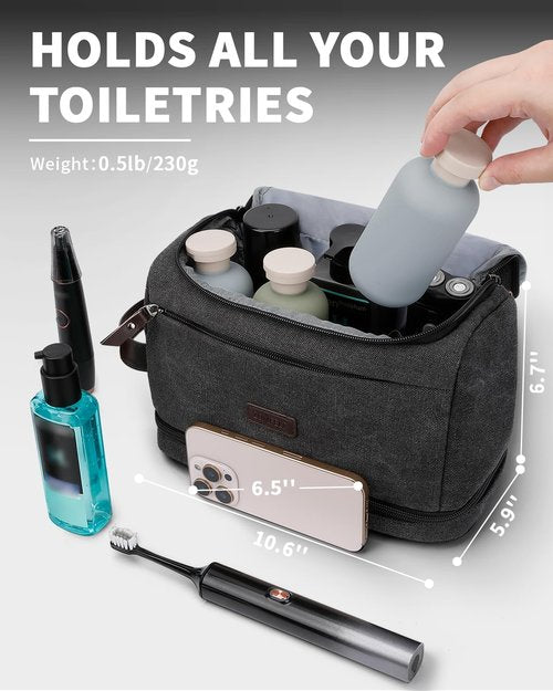ZOMFELT Toiletry Bag for Men, Dual Layers Canvas Travel Toiletries Bag, Water-Resistant Travel Organizer with Elastic, Large Capacity Dopp Kit, Hanging Shaving Hygiene Bag, Black