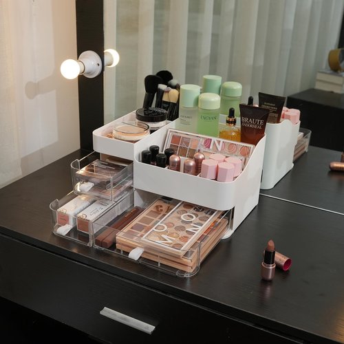 KLGO Makeup Organizer and Storage Cosmetic Display Case With 3 Clear Drawers Skincare Organizer for Bathroom Make Up Stand for Vanity Lipsticks, Jewelry, Nail Care, Eyeshadow, Skincare
