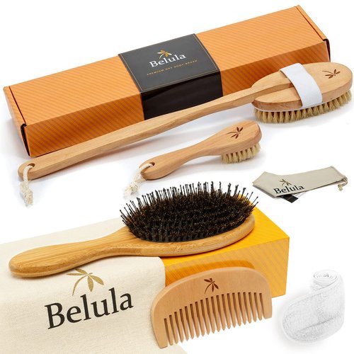 Belula Organically Care for Your Skin. Dry Brushing Body Brush Set and Boar Bristle Hair Brush Set. Restore Shine and Health to Your Skin and Untangle Knots