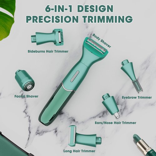Karrte 6-in-1 Electric Razor for Women's Pubic Hair, Painless Body Shaver and Facial Epilator, Hair Removal for Face, Bikini Trimmer for Women's Private Area Green