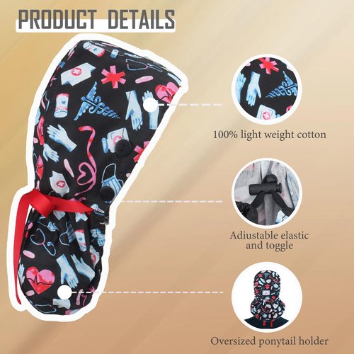 Purefitinsoles Scrub Caps for Women Surgical Nurse Hat with Button Bouffant Ponytail Holder Hair Nets Single or Satin-Lined