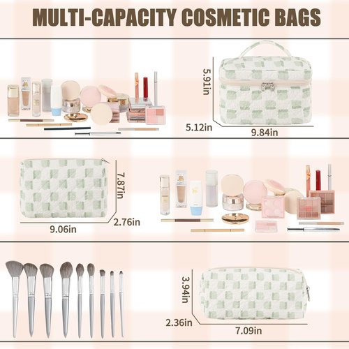 RIGHT AWAY Large Quilted Makeup Bag Set,3 Pcs Travel Make Up Bags for Women Girls,Cute Coquette Aesthetic Cosmetic Pouch Toiletry Bag,Preppy Makeup Brushes Organizer (Green)
