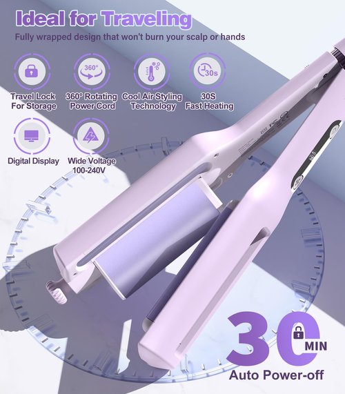 Hair Crimpers and Wavers with Cool Airflow Styling, Beach Waver Curling Iron with 4 Adjustable Curl, Anti-Scald Crimper Hair Tool for Women, 8s Smart Timer, Fast Heating, 100 Million Ions, LCD