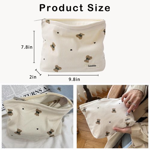 RSRSLEII Corduroy Travel Makeup Bag with Bear Pattern, Cosmetic Bag for Purse Organizer, Toiletry Bag with Zipper For Women Travel Essentials(02Beige)
