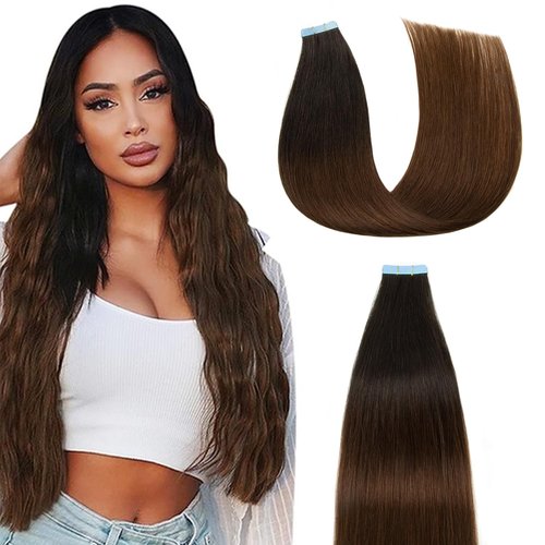 AGMITY Invisible Tape in Hair Extensions Human Hair Omber Off Black/Middle Brown 16 inches 20pcs 40g/pack Invisible Thick Hair Tape in Extensions(16 inches #T1b-4)