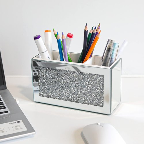 SWTHONY Silver Makeup Brush Holder Organizer, Bling 3 Slot Crushed Diamond Crystal Mirrored Cosmetic Brushes Storage, Eyeliners Eyebrow Pencil Display Case
