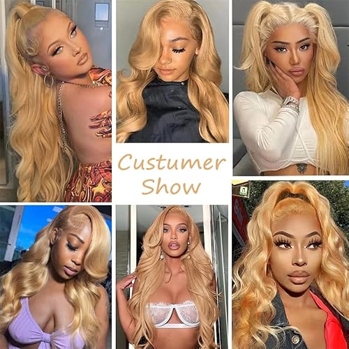 SOSATISFY 30 Inch Honey Blonde Lace Front Wig Human Hair 200% Density 13x4 Body Wave Wig Blonde Hd Lace Front Wig Pre Plucked With Baby Hair 27# Colored Wigs for Women