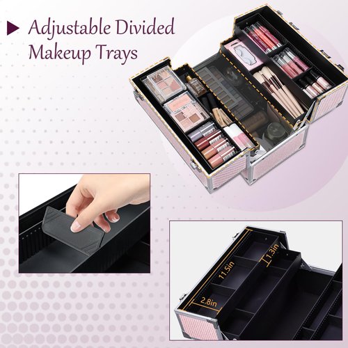 Joligrace Professional Makeup Train Case, Pink Rhinestone Pattern, Aluminum Frame, 12.5x8.2x7 Inch, 4 Adjustable Trays, Lockable, Travel Organizer