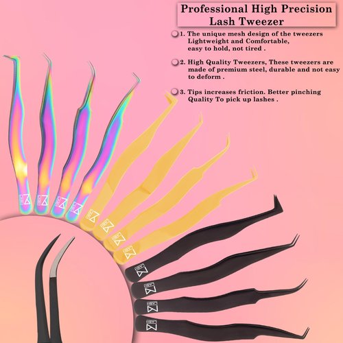 M LASH Eyelash Tweezers for Eyelash Extensions (Set of 4) - Professional Lash Extension Tweezers - Fiber Tip Lash Tweezers, Japanese Steel, Diamond Grip For Flawless Application (Blue)