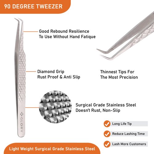 Glory 90 Degree Angle Lash Tweezers for Eyelash Extensions – Precision Fiber Tip Diamond Grip Stainless Steel Lash Tool for Mega Volume Classic & Professional Lash Tech Supplies