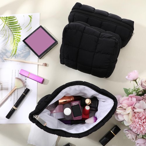 Huhumy 3 Pcs Puffy Makeup Bag Quilted Cosmetic Pouch for Women Cute Checkered Travel Toiletry Bag Puffer Makeup Organizer Purse Pouch Preppy Pencil Case with Zipper