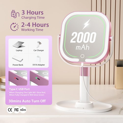 Unbednigt Makeup Mirror with Lights, 1X/10X Magnifying Vanity Mirror with Rechargeable 3 Color Lights, 360° Rotation 2-Sided Height Adjustable Brightness Cosmetic Lighted Magnified Mirror Tweezer