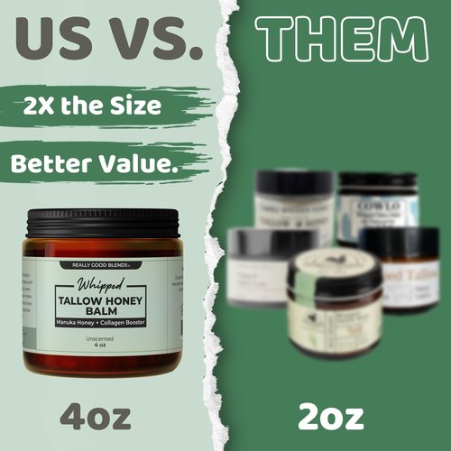 Whipped Tallow Balm with Manuka Honey – 4 oz | Collagen-Boosting Body Butter | 100% Organic Beef Tallow Moisturizer with Gotu Kola and Rosehip | Face, Body, and Skin Cream | Made in USA (Unscented)