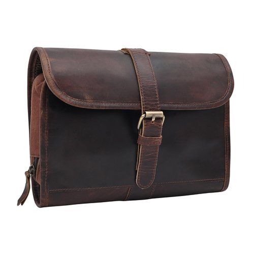 Autentico Leather Genuine Buffalo Leather Hanging Toiletry Bag with Waterproof Lining for Men & Women Handcrafted Vintage Distressed Brownn Leather Dopp Kit, Travelling Kit (Distress Brown)