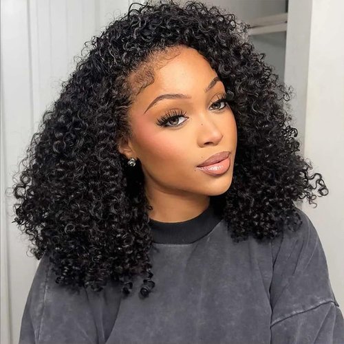 3 in 1 Half Wig Synthetic Hair, Seamless Flip Over Half Wigs Glueless Wear and Go Beginner Friendly Clip In Hair Drawstring Headband Wig for Women 1B, 16-26inch, Kinky Curly (24 inch)