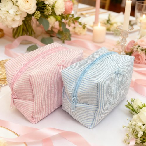 10 Pcs Cotton Quilted Makeup Bag Bulk Bow Stripe Cosmetic Pouch Make up Bag Bridesmaid Gifts Makeup Pouch with Zipper Travel Portable Case Preppy Gifts for Women (Pink)