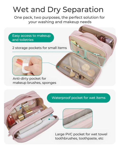 BAGSMART Toiletry Bag for Women, Wide-open Makeup Bag Organizer for Travel Essentials Travel-size, Water-resistant Large Capacity Cosmetic Bag for Accessories, Shampoo, Toiletries with Handle, Black