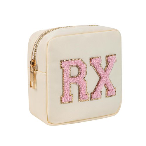2Pcs Chenille Letter Patch Nylon Medicine Makeup Bag Set,Cute MEDS Travel Makeup Bag with Metal Zipper, First Aid Purse Organizer Cosmetic Bag for Women and Girls(Beige MEDS-RX)