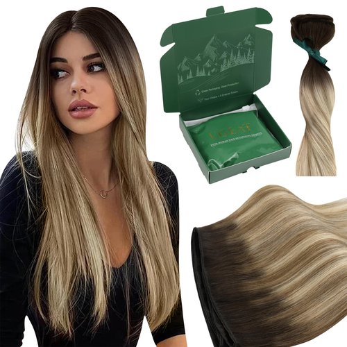 Ugeat Sew in Hair Extensions Balayage Chocolate Brown Invisible Weft Hair Extensions Human Hair Ombre Medium Brown Mix Light Blonde Double Weft Short Straight Remy Hair 14 Inch 80G