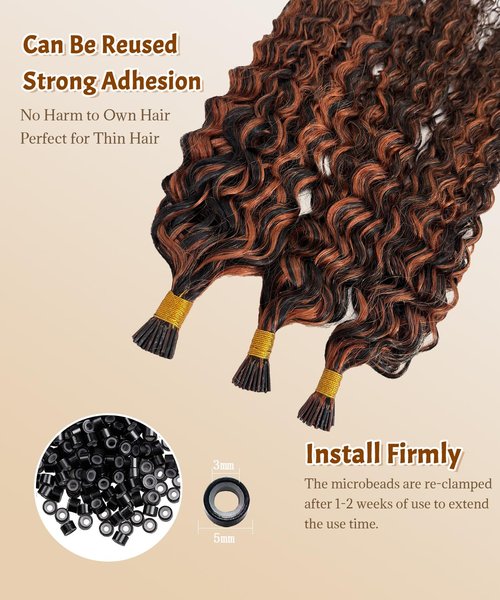 1B30 Curly I Tip Hair Extensions Human Hair Cold Fusion Itip Flawless Microlinks Hair Extensions Invisible Blends Naturally Individual Strands for Black Women 50G Black to Brown 18inch
