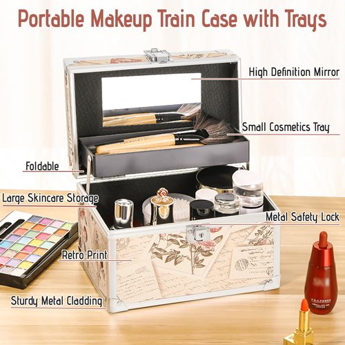 VNIMTI Makeup Train Case, Portable Makeup Box with Mirror, Cosmetic Storage Box for Women with Trays, Makeup Box Organizer for Vanity, Travel, Lockable& Large Capacity (Philatelic Style)