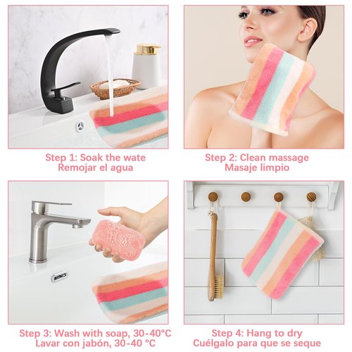 PHOGARY Washcloth Set 6 Pack Small Hand Towels for Face Body Bathroom, 6"x8" Super Absorbent & Soft Coral Fleece Facial Cloths for Showering, Rainbow Striped Quick Dry Towel with Hanging Loop