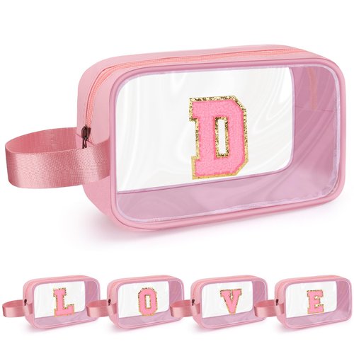 XANGNIER Clear Personalized Makeup Bag Initial Travel Toiletry Bag, 8.8''X2.7''X5.3''Size Pencil Pouch With Zipper and Handle Straps, Pink Gifts For Girlfriend Teacher Mom Brithday Mothers Day,D