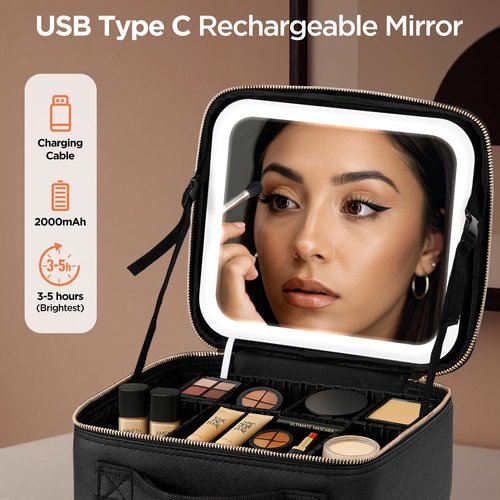 IPOW Travel Makeup Bag with LED Mirror, 3 Adjustable Light Settings, Customizable Dividers, Portable Travel Organizer, USB Charging, Black, Small