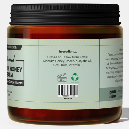 Whipped Tallow Balm with Manuka Honey – 4 oz | Collagen-Boosting Body Butter | 100% Organic Beef Tallow Moisturizer with Gotu Kola and Rosehip | Face, Body, and Skin Cream | Made in USA (Unscented)