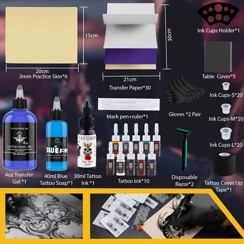 Tattoo Practice Skin with Transfer Paper 124Pcs Complete Tattoo Practice Skins Kit with 6Pcs 3mm Fake Skin 30Pcs Transfer Papers 4OZ Transfer Gel for Beginners Tattooing Supplies (124pcs)