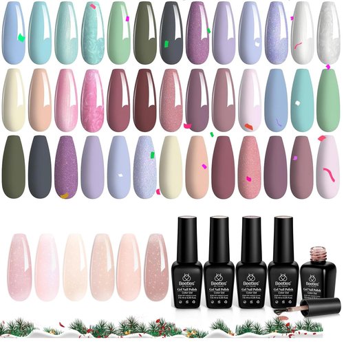 beetles Gel Polish Nail Set 20 Colors Healing Elixir Collection Manicure Kit with 6 Pcs Jelly Shimmer Giltter Nails Lady with Dreams Collection Transparent Pink Biege Gel
