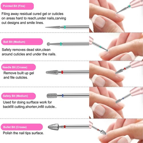 Cellentool 30Pcs Nail Drill Bits Set with Rhinestone Storage Box, 3/32 Inch Ceramic Diamond Carbide Nail Drill Bits for Acrylic Gel Polish, Cuticle Efile Remover for Manicure (Pink)