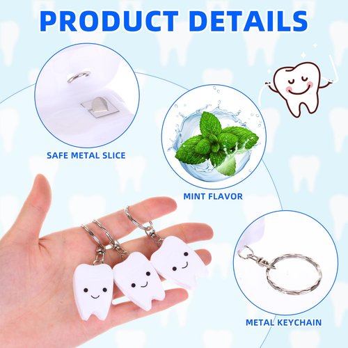 Landical 96 Pcs Mini Dental Floss Keychain Bulk Tooth Shaped Portable Teeth Floss Cleaning for Homeless Party Favors Travel Donated Gifts Teeth Cleaning Oral Care Mint Flavor 15 M /16. 4 Yard