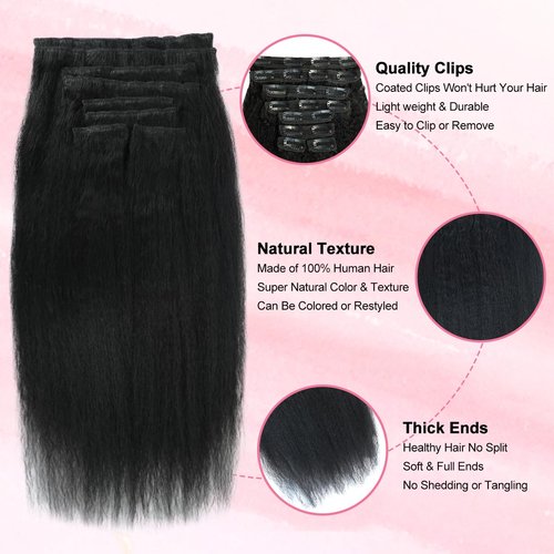 Kinky Straight Clip in Hair Extensions Real Human Hair 110g 8pcs Yaki Straight Clip Ins Hair Extensions For Women Natural Black Full Head Brazilian Remy Hair Double Weft 20 Clips