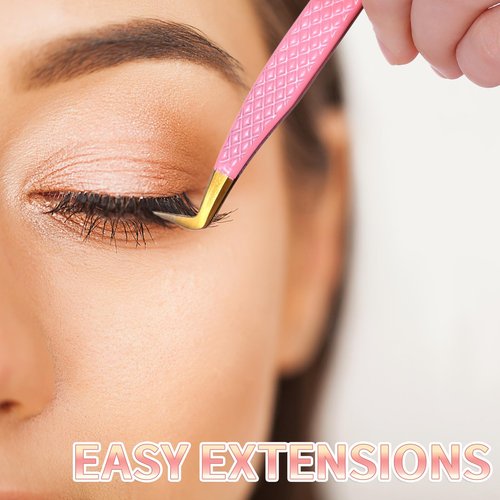 TIESOME Lash Tweezers for Eyelash Extensions, 2 PCS Pink Stainless Steel Eyelash Tweezers Set Premium Curved Tip Precision Lash Tweezer Professional False Eyelashes Application Tools
