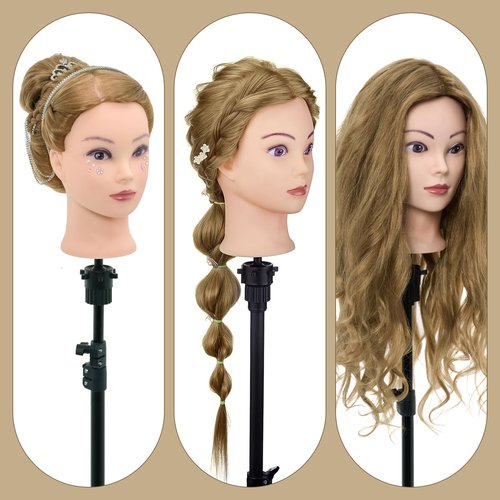 28" Mannequin Head Human Hair, 80% Real Hair Mannequin Head, Cosmetology Manikin Doll Head for Hair Styling Set #27, Training Practice Braiding Head with Table Clamp Suitable for Hair Extensions