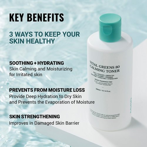 ASNO Vital Greens Calming Toner 300ml - Genderless Vegan Soothing Care for Acne, Pimple, Redness, Sensitive Skin, Superfood 80% + Ceramide, Hydrating Daily Facial Toner, Korean Skin Care