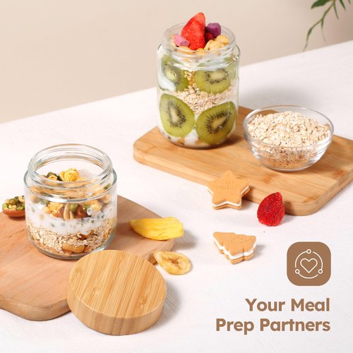 Tecohouse Chia Pudding Jars with lids, 6 Pack 12 OZ Overnight Oats Containers with Bamboo Lids, Mason Glass Cosmetic Jars with Airtight Lids For Salad, Meal Prep, Snacks, Spice, Suger, Yogurt