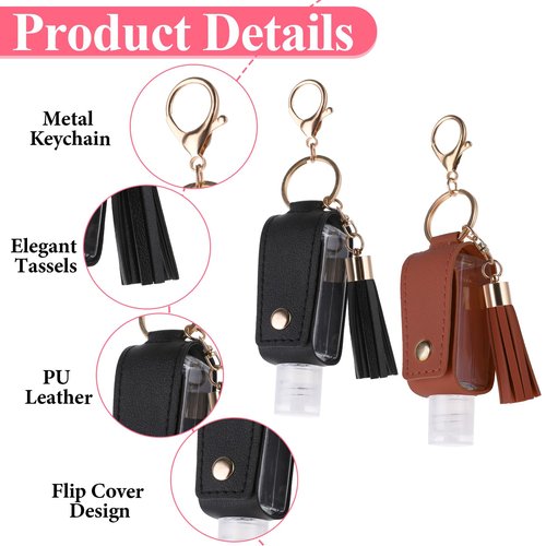 Molain 2 Pcs Hand Sanitizer Keychain 30ml Portable Leather Hand Sanitizer Holder Leakproof Empty Bottles Hand Sanitizer Travel Holder Bottle Refillable for Lotion Liquid Soap Shampoo(Brown,Black)