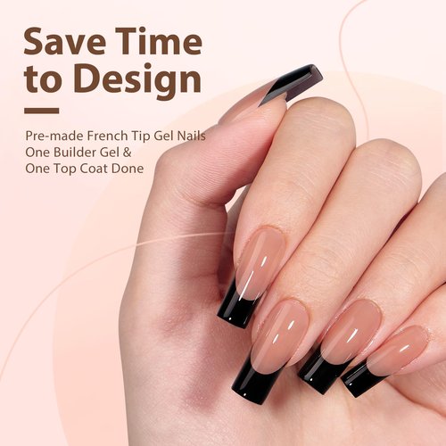 btartboxnails French Nails Black - Builder Gel, Square Nail Tips, 150Pcs Soft Gel Tips